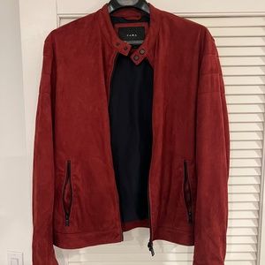 Zara Men's Suede Bomber Moto Jacket - Red